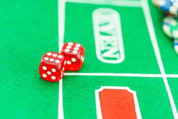 Picture of dice, chips, palm in casino on green table