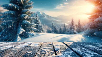 Santa's sleigh on a wooden path through the snowy forest.