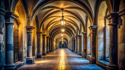 Obraz premium Arched Colonnade With Golden Light, Architecture , Columns , Ceiling , Interior