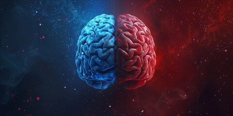 The brains duality is visually represented with blue and red hemispheres, symbolizing contrasting cognitive functions