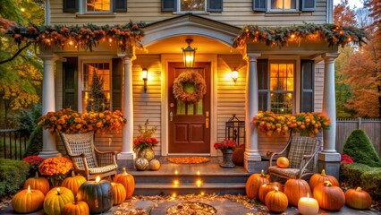 Obraz premium Autumn Porch Glow Warm Lights, Pumpkins, and Wicker Chairs, fall , cozy , porch , autumn