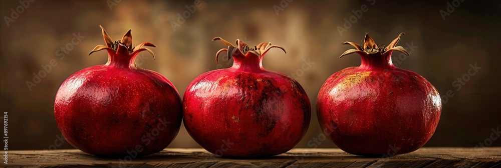 Poster Three ripe pomegranates with visible seeds rest on a rustic wooden surface.