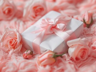 Present in a pink box with ribbon, surrounded by rose petals.