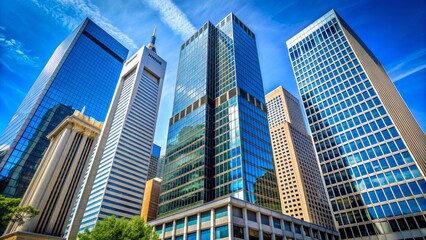 Obraz premium Cityscape of Glass Towers, Wide Angle View, Blue Sky, Skyscrapers, Building Architecture, Urban Landscape, Cityscapes