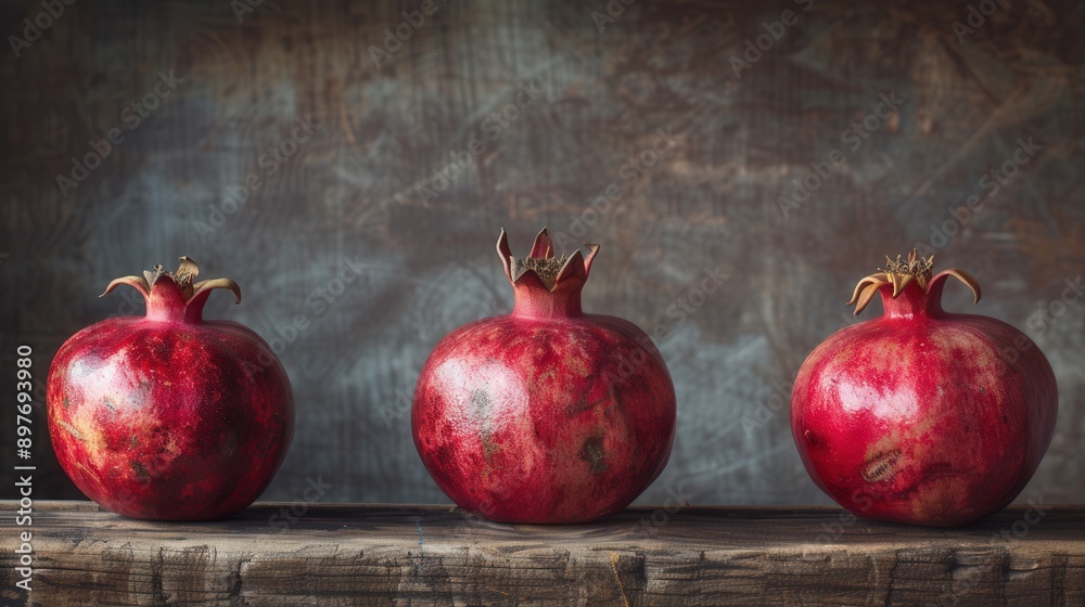 Poster three ripe pomegranates, each with a few seeds visible, sit in a row on a rustic wooden surface agai