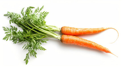 Fresh clean bright orange carrots with green tops on a white background. Farm fresh vegetables