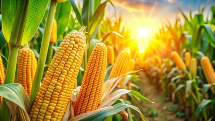 Golden Corn Ears in a Field of Green, Close-up, Sunset, Harvest, Nature, Agriculture , corn