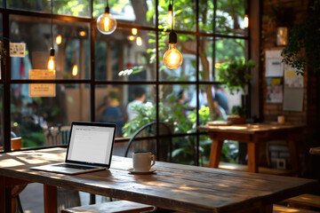 Open laptop on coffee shop table, remote office concept, copy space