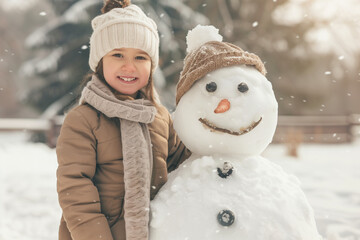 Closeup portrait of happy smiling little preschool toddler girl standing next to the snowman. Female child or kid winter season fun activity, outdoor outside childhood December hol