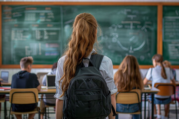 Obraz premium Girl back to school in a classroom environment