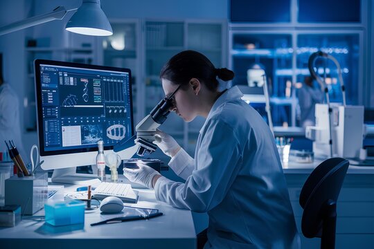 Research medical DNA lab science biotechnology scientist laboratory medicine clinic chemistry Medical analysis DNA research equipment technology test microscope health digital scientific computer gene