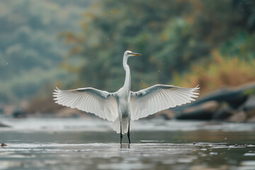 Great white and black heron standing gracefully in a serene river lake, showcasing its spread wings and beak. Capturing the beauty of fauna and nature wildlife, with a focus on thi