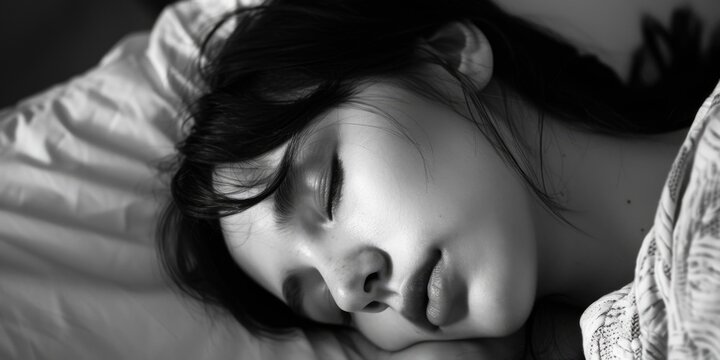 Sleeping woman with eyes closed, conveying a sense of relaxation and tranquility. She appears at ease in a comfortable setting.