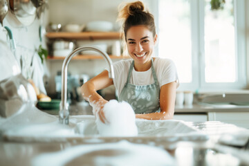 Happy smiling young woman wearing an apron, washing dishes in a kitchen sink with white foam and flowing water. Ideal for depicting a housewife performing domestic chores, home cle