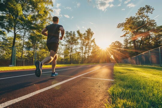 Young man running on a track at sunset enjoying nature