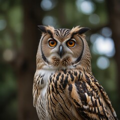 Fototapeta premium Enigmatic close-up of a tawny owl’s camouflaged feathers, blending seamlessly with the autumn foliage of its woodland habitat