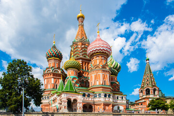 St. Basil's Cathedral, Intercession Cathedral on Red Square, in the center of Moscow, in Russia. on a sunny summer day.