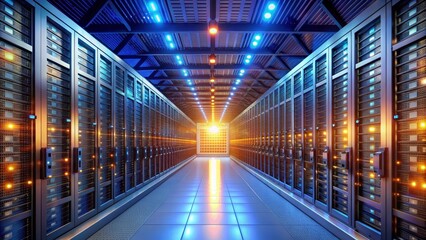 Obraz premium Server Room Corridor with Blue and Orange Lighting, 3D Rendering, Technology, Data Center, Network , server, network