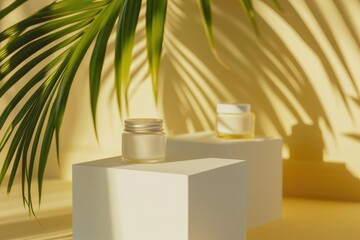 A collection of natural, eco-friendly skincare products displayed in an outdoor setting under a palm tree.