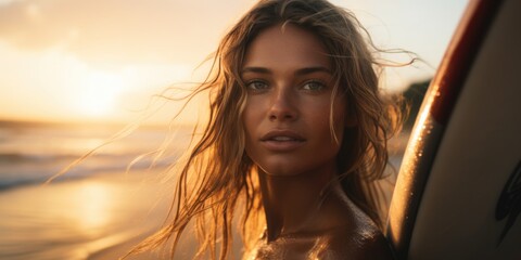A beautiful image of a woman with flowing hair enjoying the beach at sunset, conveying a sense of relaxation and tranquility.