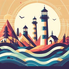 geometric art style landscapes. AI generated illustration