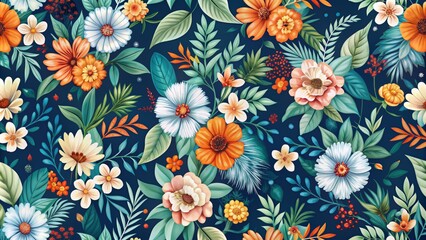 Vibrant Tropical Floral Seamless Pattern, White, Orange, Green, Blue, Floral Pattern, Tropical Leaves