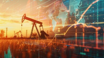 An oil pump stands in a field at sunset with a digital screen overlay displaying financial charts and a world map, reflecting the global impact of oil prices.