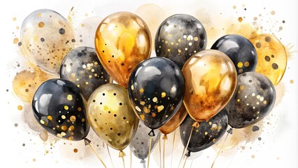 Watercolor Black and Gold Balloons with Confetti, Watercolor, Balloons, Party, Celebration