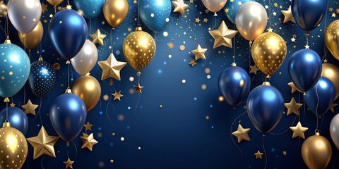 Blue and Gold Balloons with Stars on a Navy Blue Background, 3D Rendering, Celebration, Party, Birthday , Festive, Background