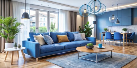 Fototapeta premium Blue Sofa with Modern Lighting and Decorative Plants, Living Room Interior, Home Design, Blue Decor, Modern Apartment , living room, interior design