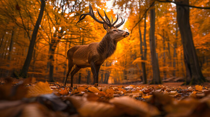 Red deer stag standing in an autumn forest with orange leaves on the ground