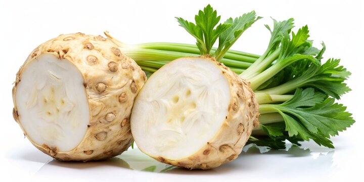 Celery Root Cut in Half with Green Stems, Close-up Photography, Fresh Vegetable, Organic, Root Vegetable, Celery , Stems