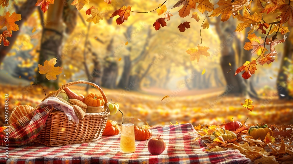Poster an autumn picnic spread out on a red and white checkered blanket with a wicker basket filled with fo
