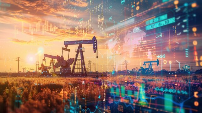 Oil pumps in a field are superimposed with digital financial graphs, showcasing rising gasoline prices against a sunset backdrop.