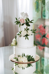 A bride and groom are walking down the stairs of a house, with a group of people watching them