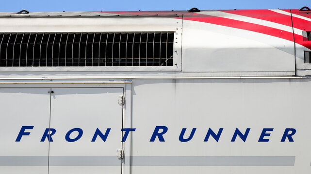 Ogden, UT, USA - June 10, 2024; Utah Transit Authority Front Runner commuter train name in closeup