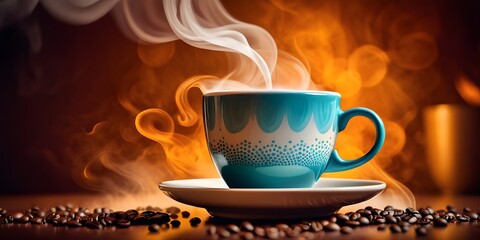 A vibrant cartoon pop art style illustration of a steaming hot coffee cup, highlighted by bold halftone patterns and dynamic steam swirls, energizing and artistic.