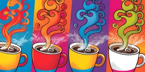 Another captivating hot coffee cup illustration in cartoon pop art style, featuring exaggerated steam curls and a vivid backdrop, perfect for a lively visual treat.
