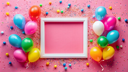 Vibrant colorful balloons and confetti surround a white picture frame with a bright pink mat, creating a playful and celebratory atmosphere on a pastel background.