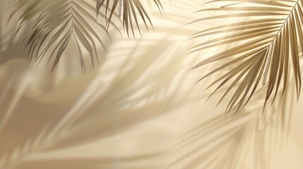 Minimalistic summer background with blurred sunlight shadow of palm leaves on neutral beige backdrop