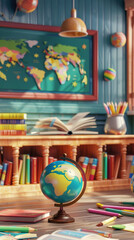 Educational Classroom with Books and Globe