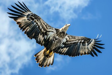 Obraz premium A majestic eagle soaring against a clear blue sky with its wings fully spread, showcasing the beauty and freedom of wildlife.