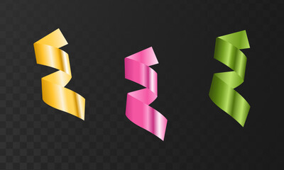 Pink, green, yellow 3d confetti with gradient isolated on dark background 