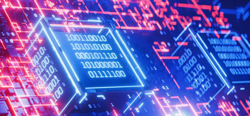 Data block. Cube with binary code. Hacker attack. Computer code. Blockchain. Artificial Intelligence. Big data. Abstract technical background. Binary code. Digital technologies. Ai. 3D rendering.