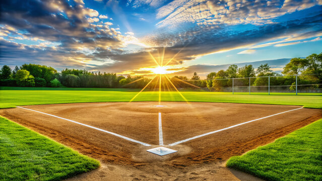 Sun-kissed softball diamond with lush green grass, freshly painted white lines, and a tranquil atmosphere, waiting for the next exciting game to begin.