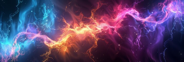 Fototapeta premium Dynamic abstract display of vibrant, multicolored energy waves resembling lightning or cosmic phenomena.