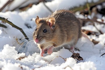 Winter Pest. Brown Rat with Long Tail in the White Snow