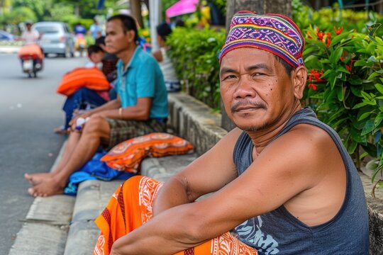 A man in a colorful hat sits on a curb in the Philippines, awaiting the ferry with a group of others