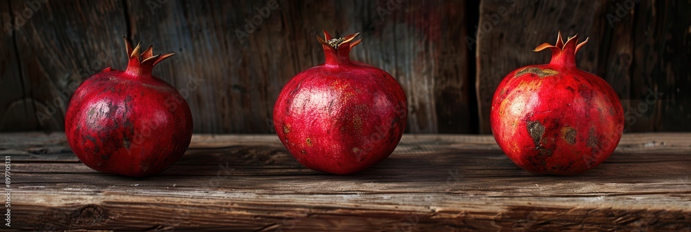 Poster three ripe pomegranates sit on a rustic wooden surface. the pomegranates are arranged in a row, with