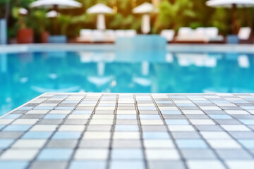 Fototapeta premium Empty white ceramic mosaic table top and blurred swimming pool
